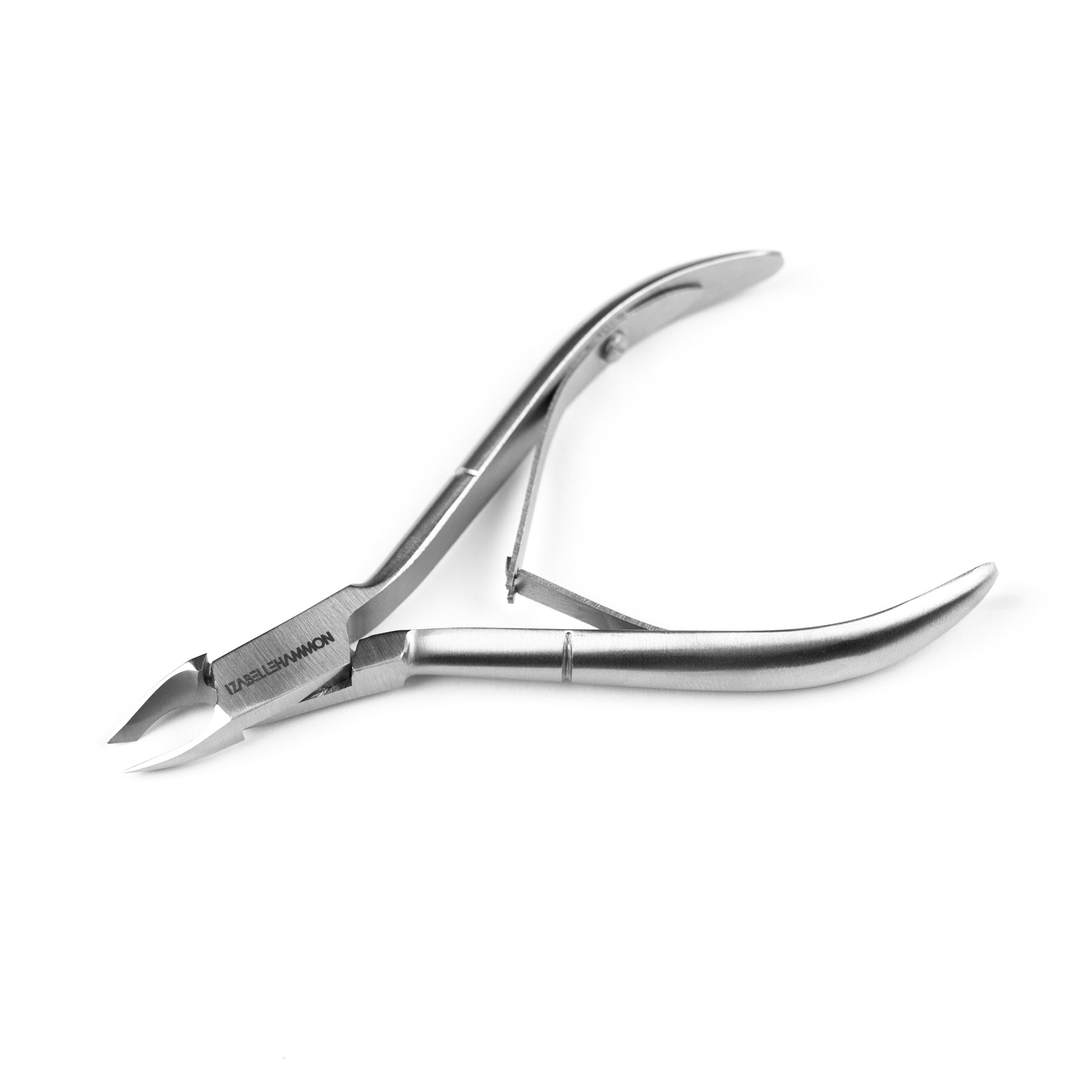 A photo of a pair of metal cuticle nipper with pointed tips and a 3mm blade.