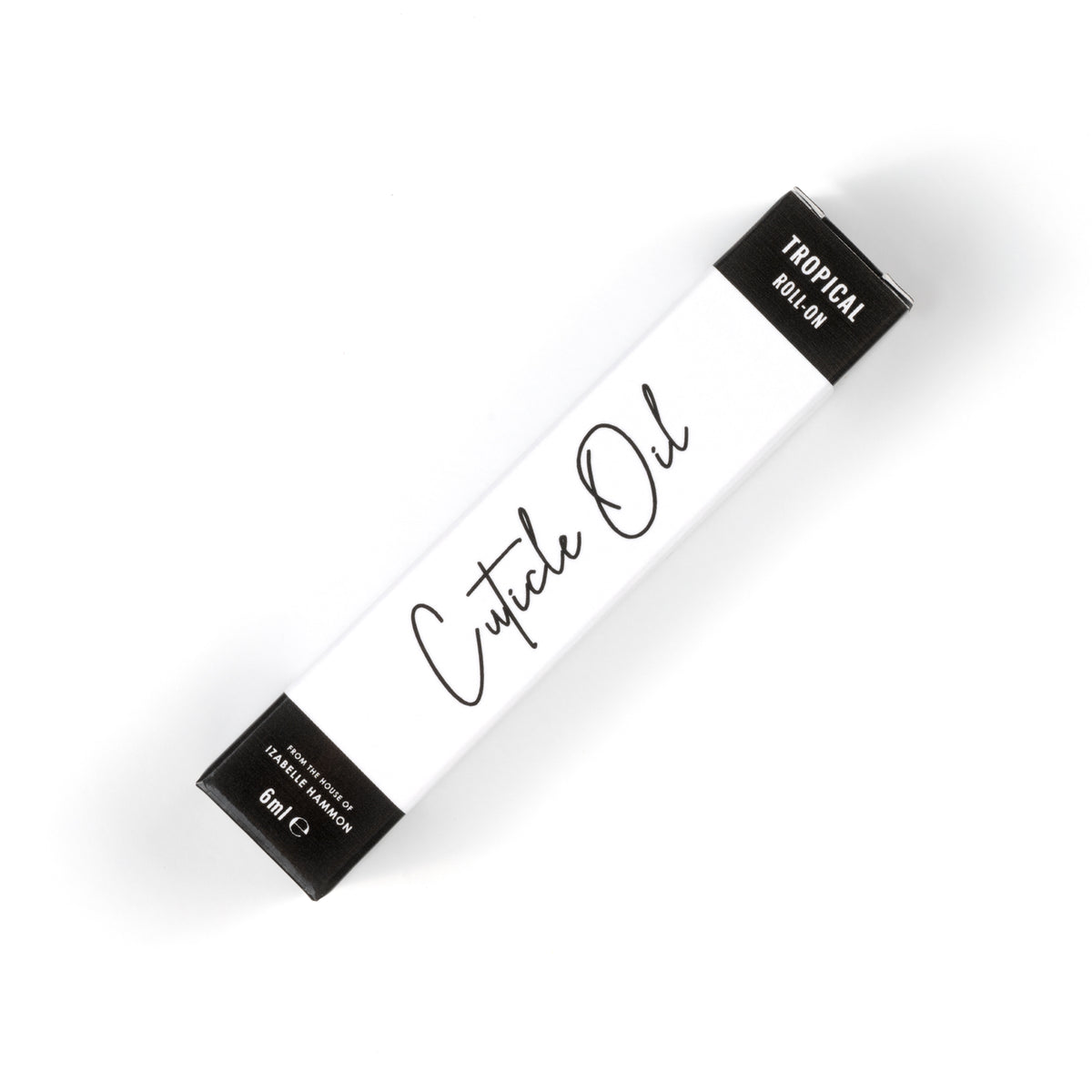 Box of cuticle oil with 'Tropical' label on a white background
