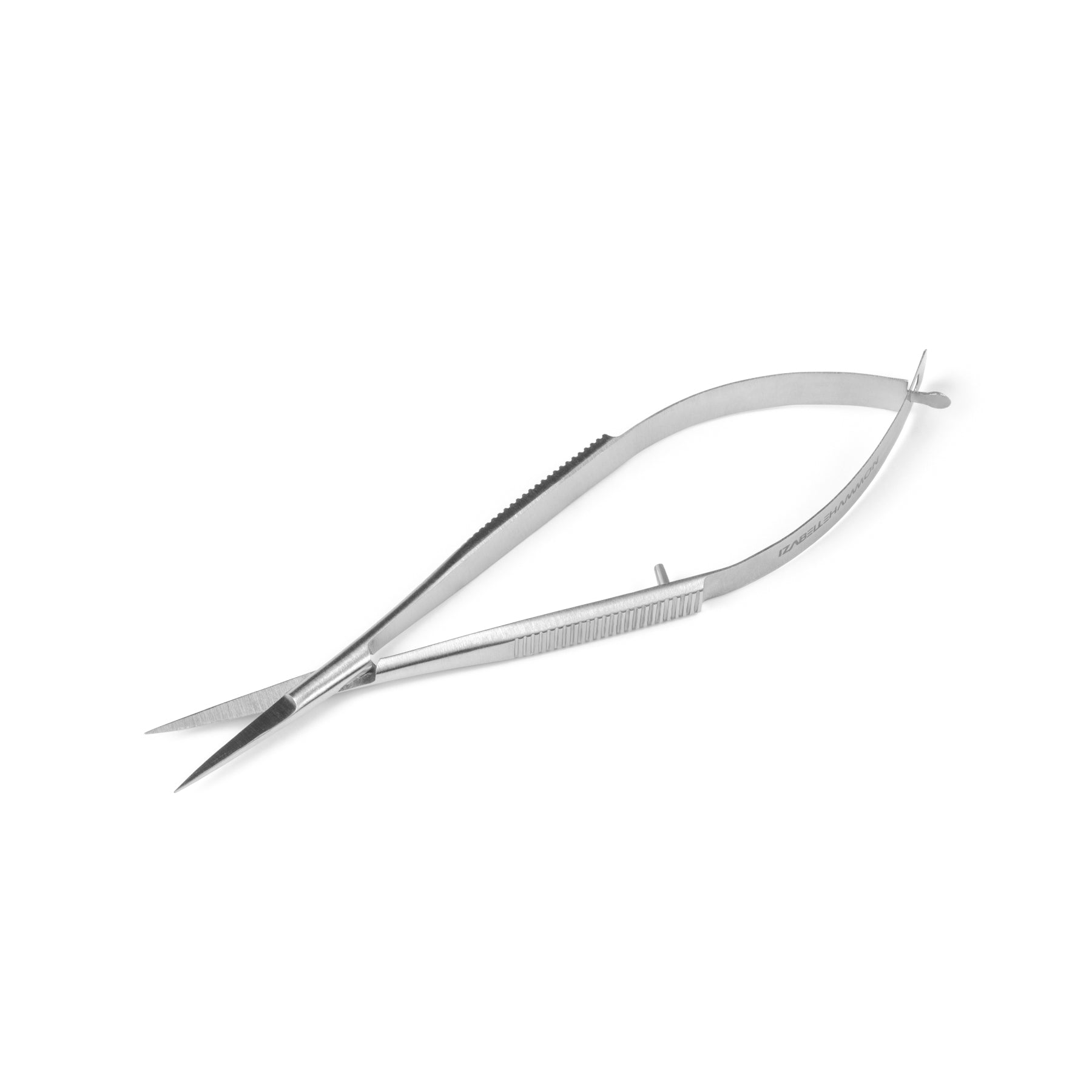 Pair of stainless steel cuticle scissors on a white background