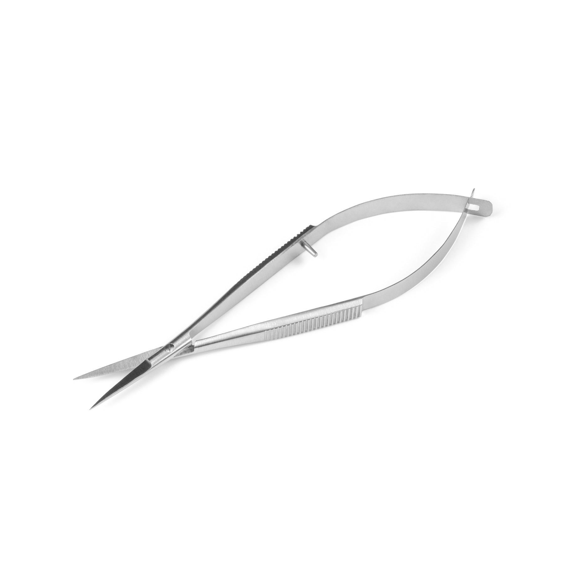 Pair of stainless steel cuticle scissors on a white background