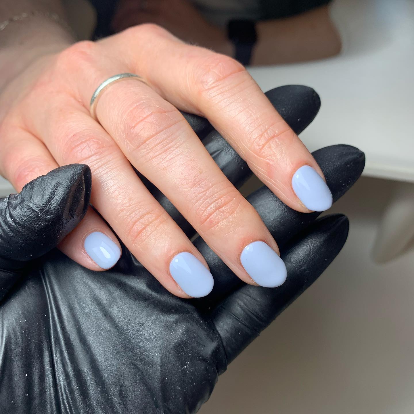 A pastel nail gel in powder blue Calgel Forget Me Not Pro Colour