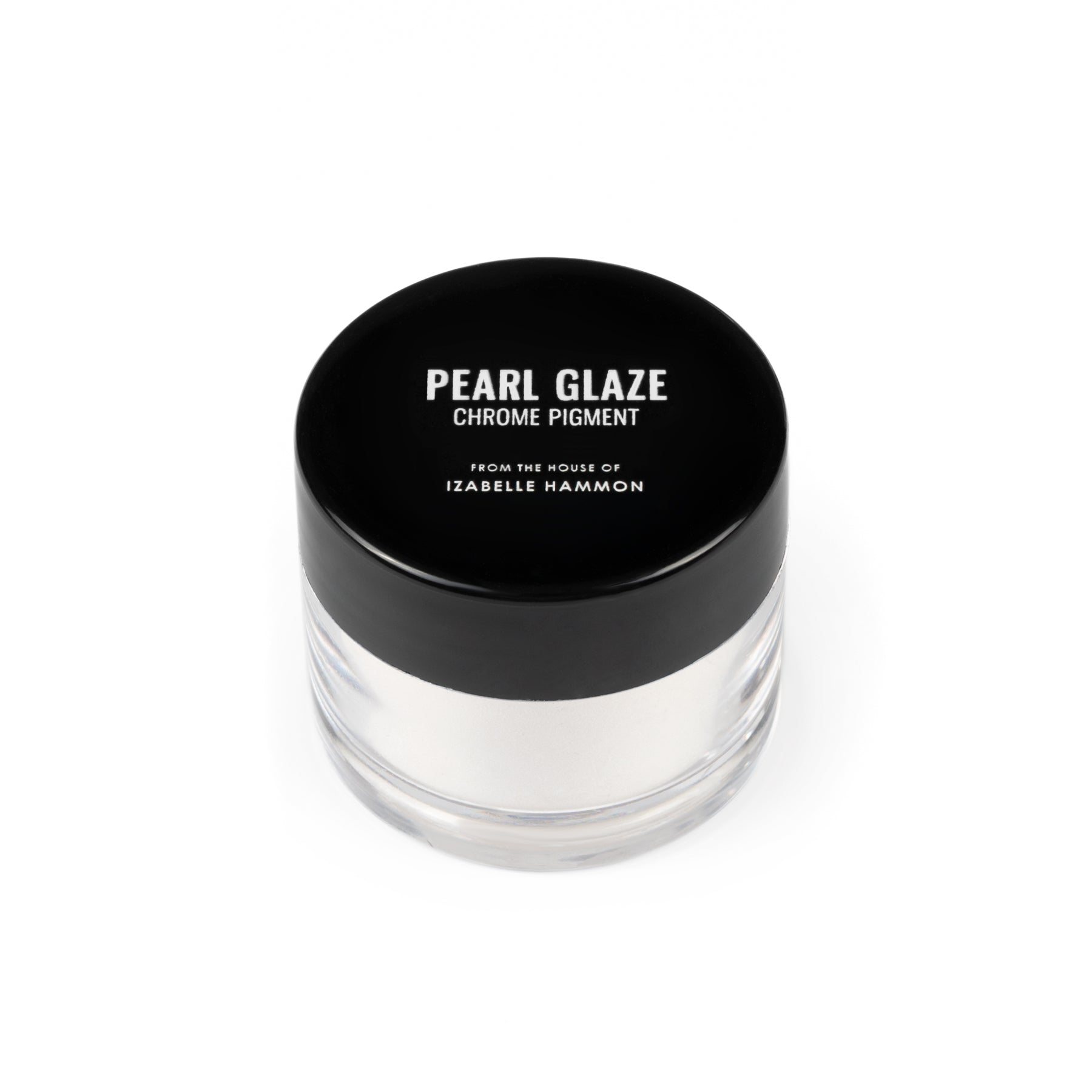 Jar of pearl glaze chrome pigment with black lid on a white background