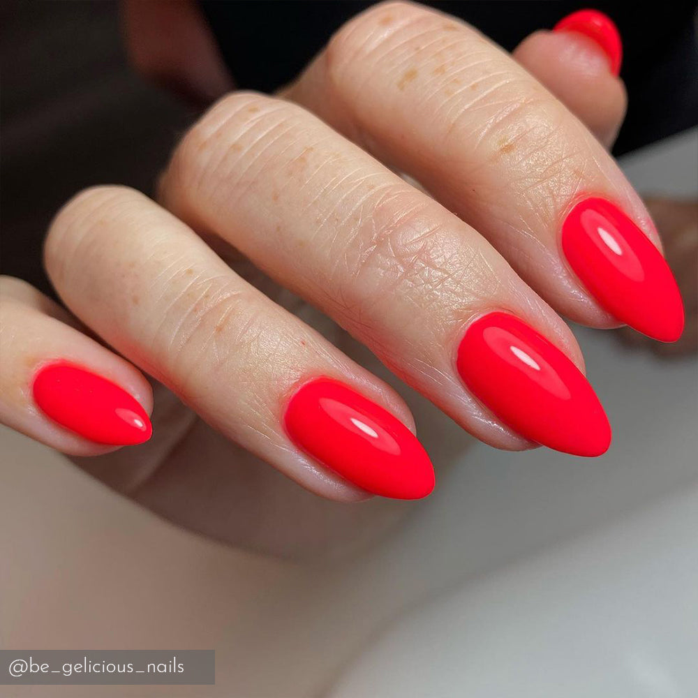 Cherry Pachion IZ979 neon deep coral red gel manicure on natural nails
