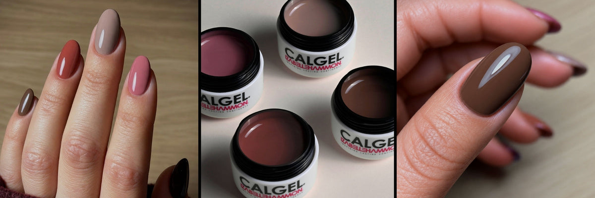 Three image banner featuring gel nail manicure and four calgel pots. Colours featured Calgel Modern Heritage autumn gel collection.