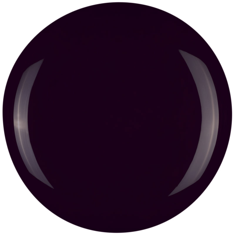 A dark damson purple nail gel swatch on white background.