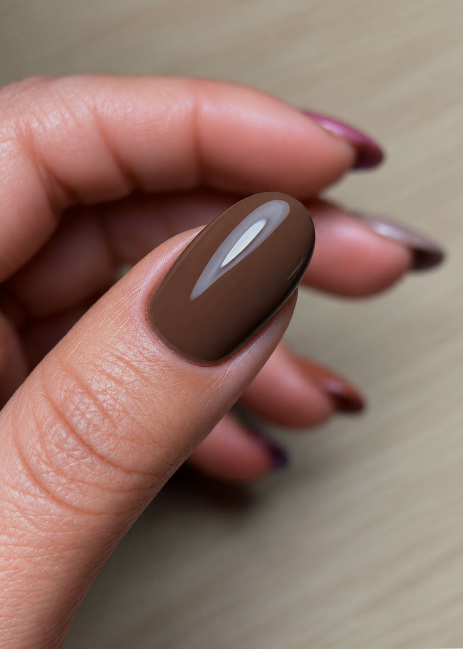A close up shot of Calgel Truffle, a dark fudge brown tpo free gel.
