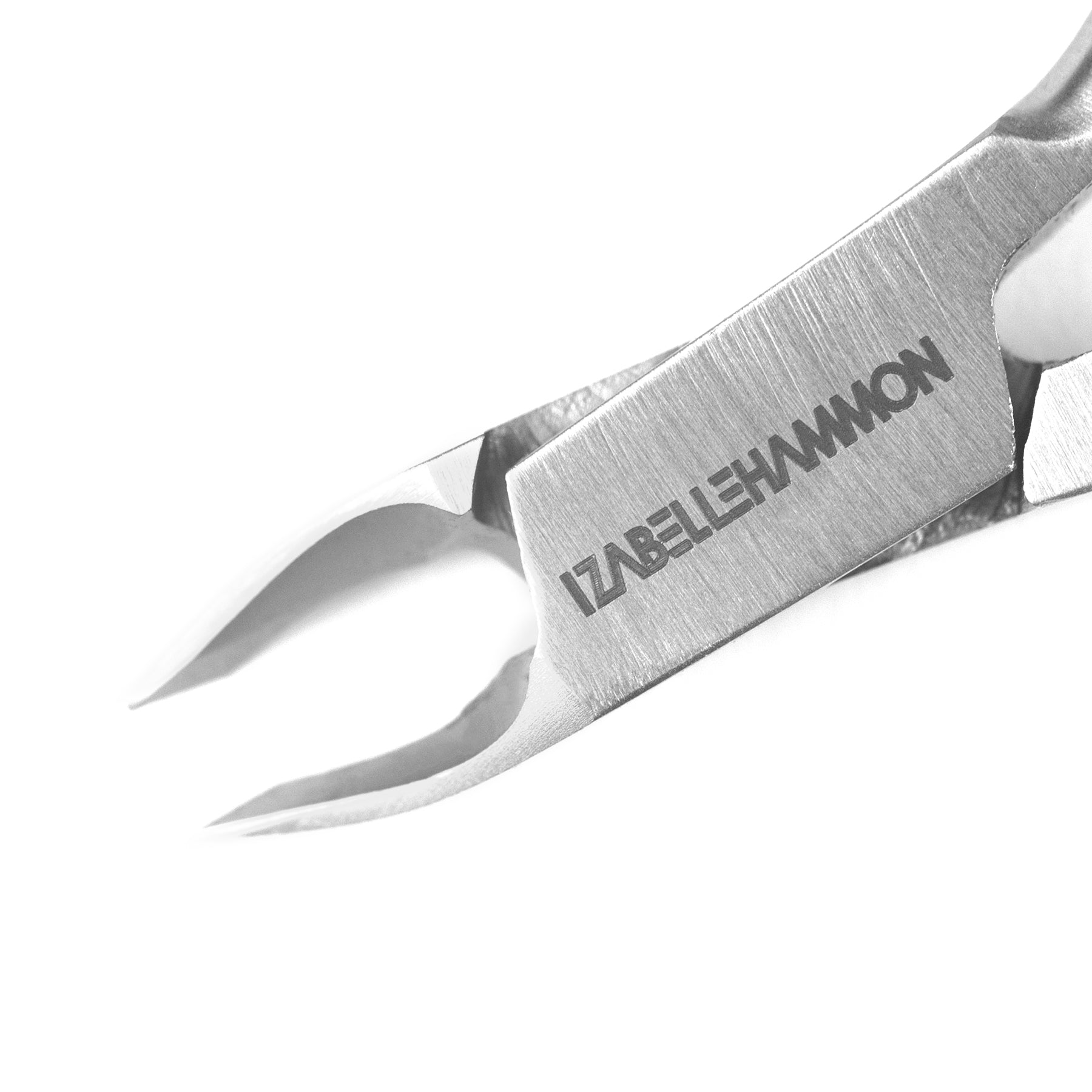A  close up photo of pair of metal cuticle nipper with pointed tips and a 3mm blade.