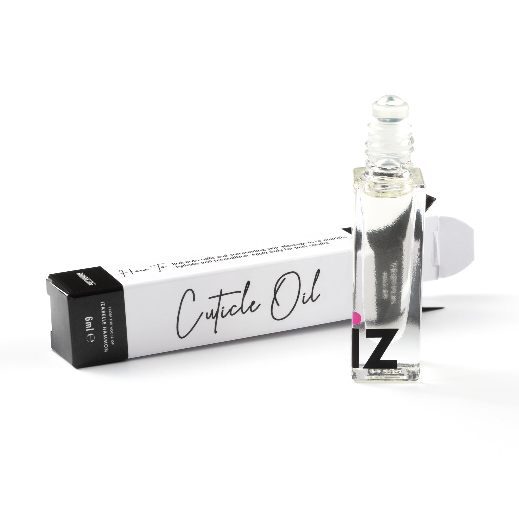 Cuticle oil packaging with a clear bottle on a white background