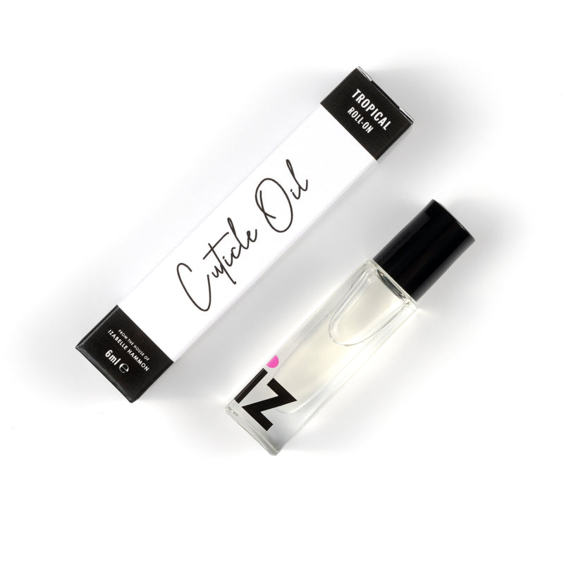Cuticle oil roller bottle and packaging on a white background