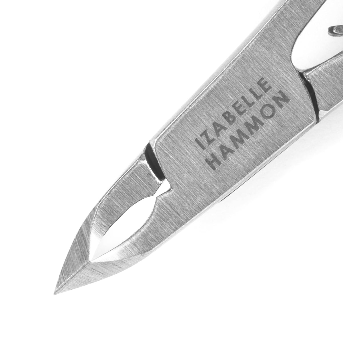 Close up of closed 5mm cuticle nippers in stainless steel with Izabelle Hammon branding.