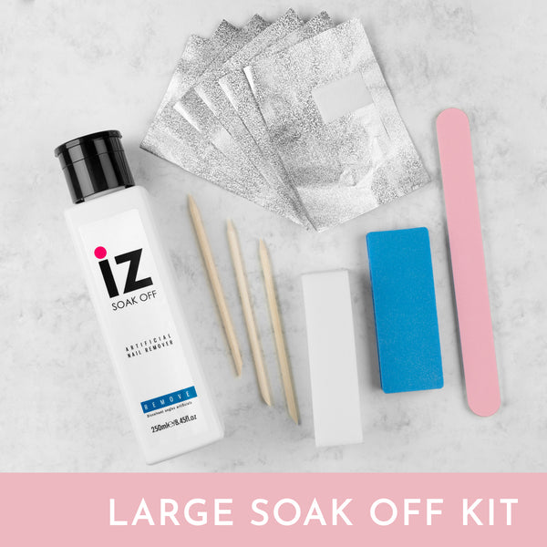 Gel nail removal kit for soaking off gel polish, includes wraps, buffer, nail file, and cuticle tool.
