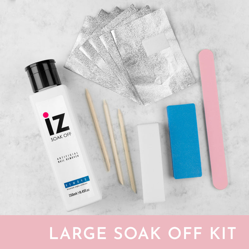 Gel nail removal kit for soaking off gel polish, includes wraps, buffer, nail file, and cuticle tool.