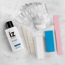 Gel nail removal kit for soaking off gel polish and gel nails at home, includes wraps, buffer, nail file, and cuticle tool.