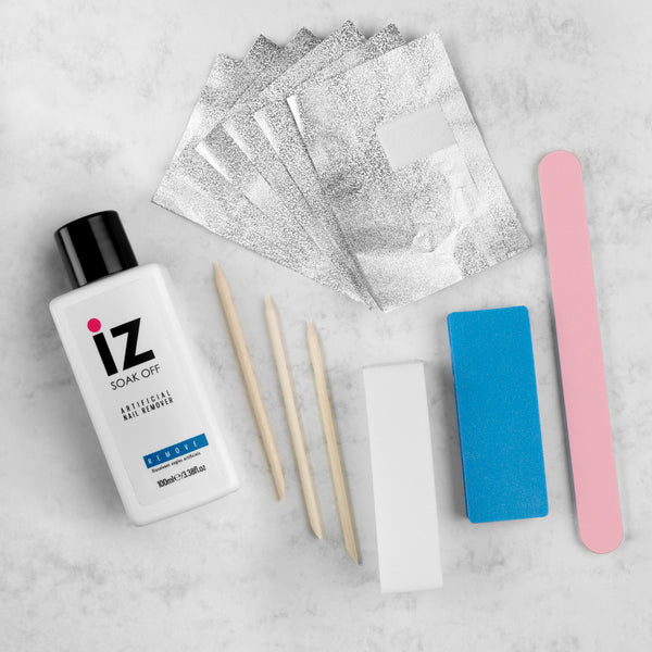 Gel nail removal kit for soaking off gel polish and gel nails at home, includes wraps, buffer, nail file, and cuticle tool.