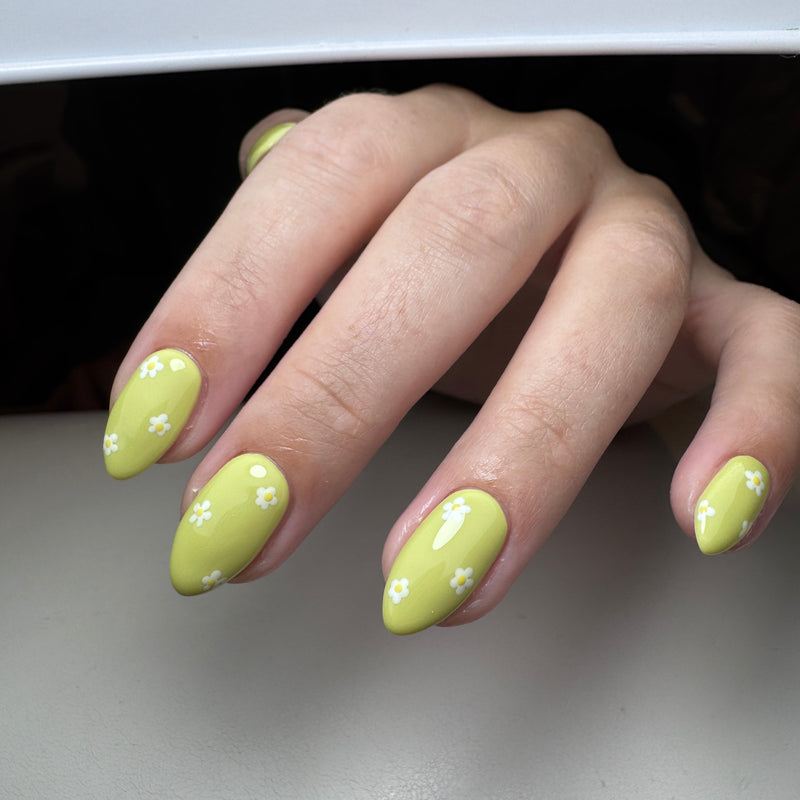 Calgel Sundae Chartreuse Green Nail Gel with Daisy Nail Art