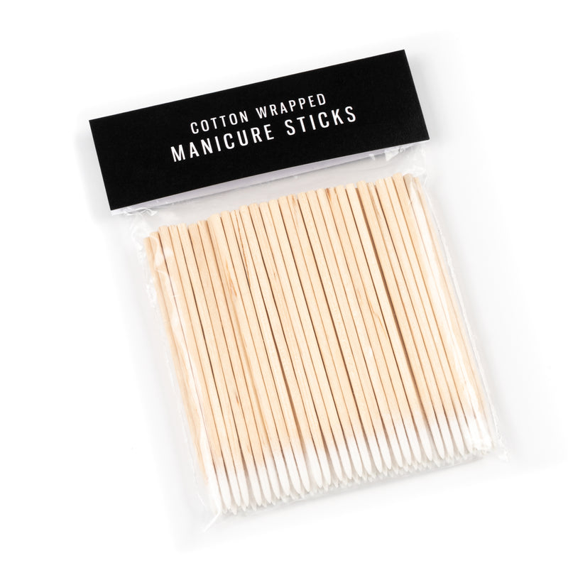 Pack of cotton wrapped manicure sticks with a clear plastic cover on a white background.