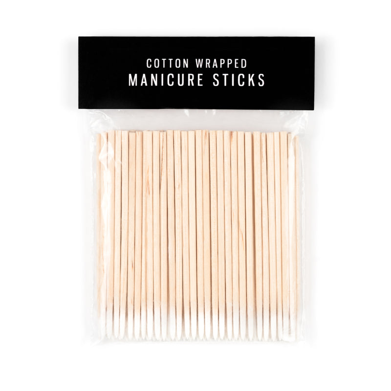 Pack of cotton wrapped manicure sticks with a clear plastic sleeve and black label on a white background.