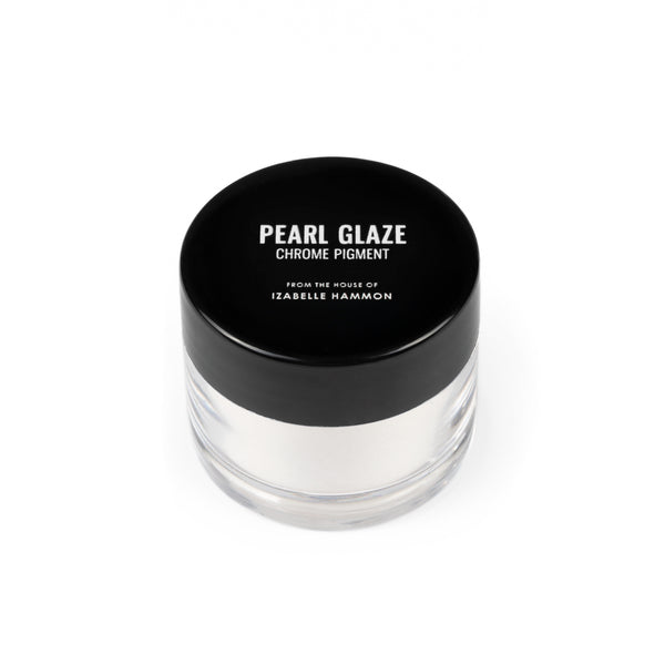 Jar of pearl glaze chrome pigment with black lid on a white background