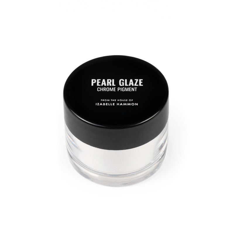 Jar of pearl glaze chrome pigment with black lid on a white background