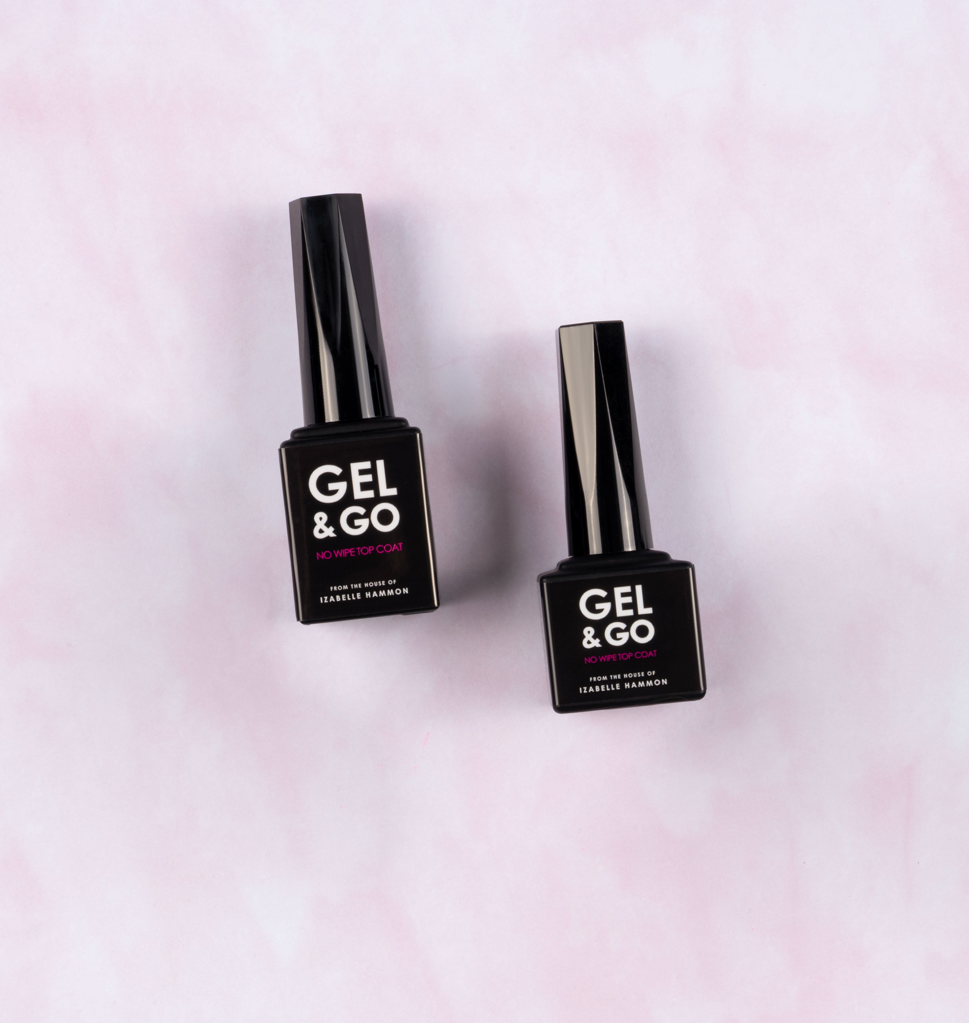 Gel&Go TPO Free No Wipe Top Coat bottles on pink background.